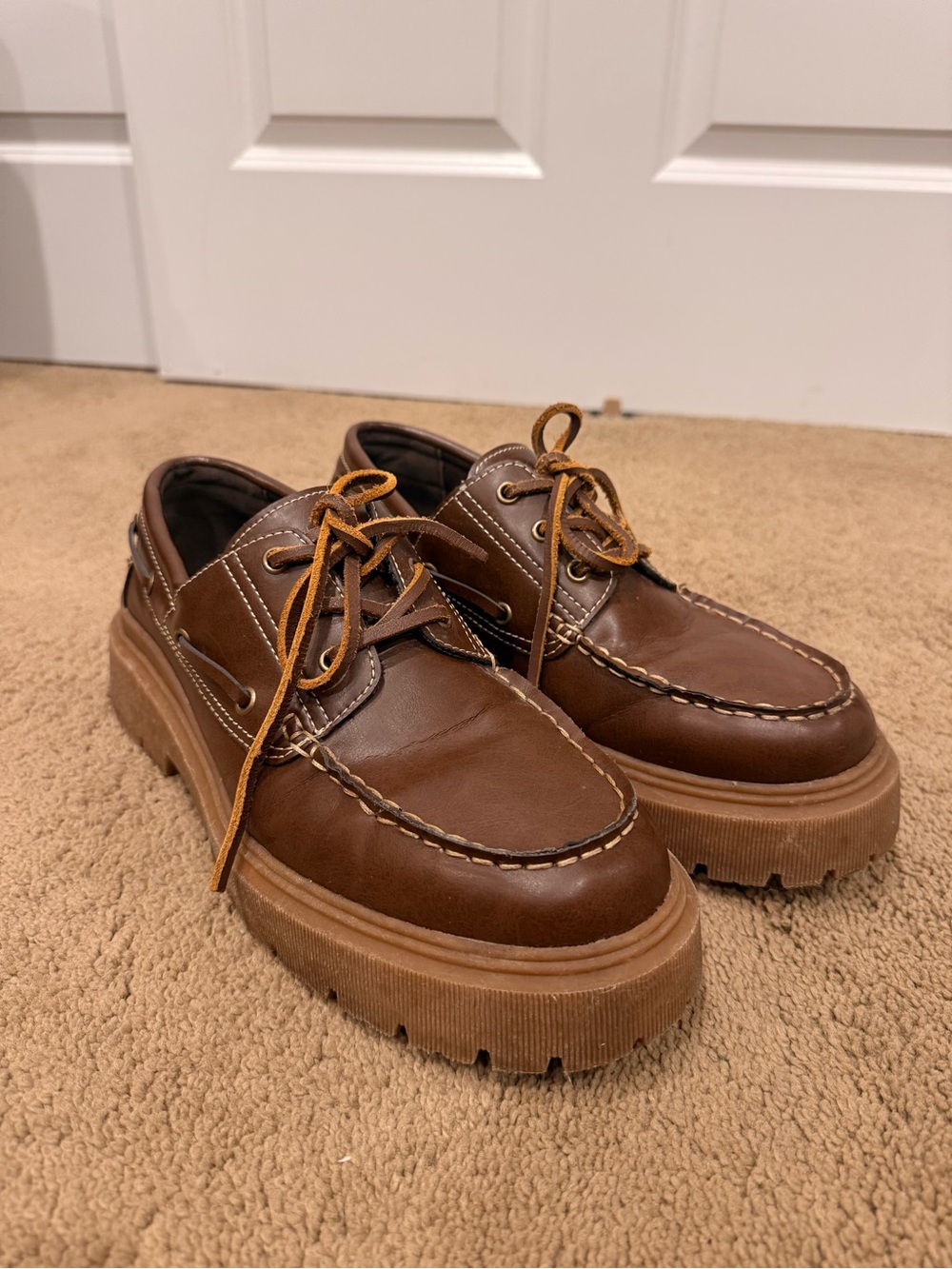 Bershka Men's Brown Leather Boat Shoes with Chunky Gum Sole